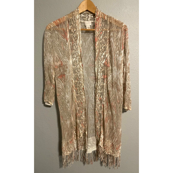 Chicos Womens Kimono Size 2 US L Beige Linen Blend Fringe Hem Sheer Fairy Boho - Picture 1 of 10